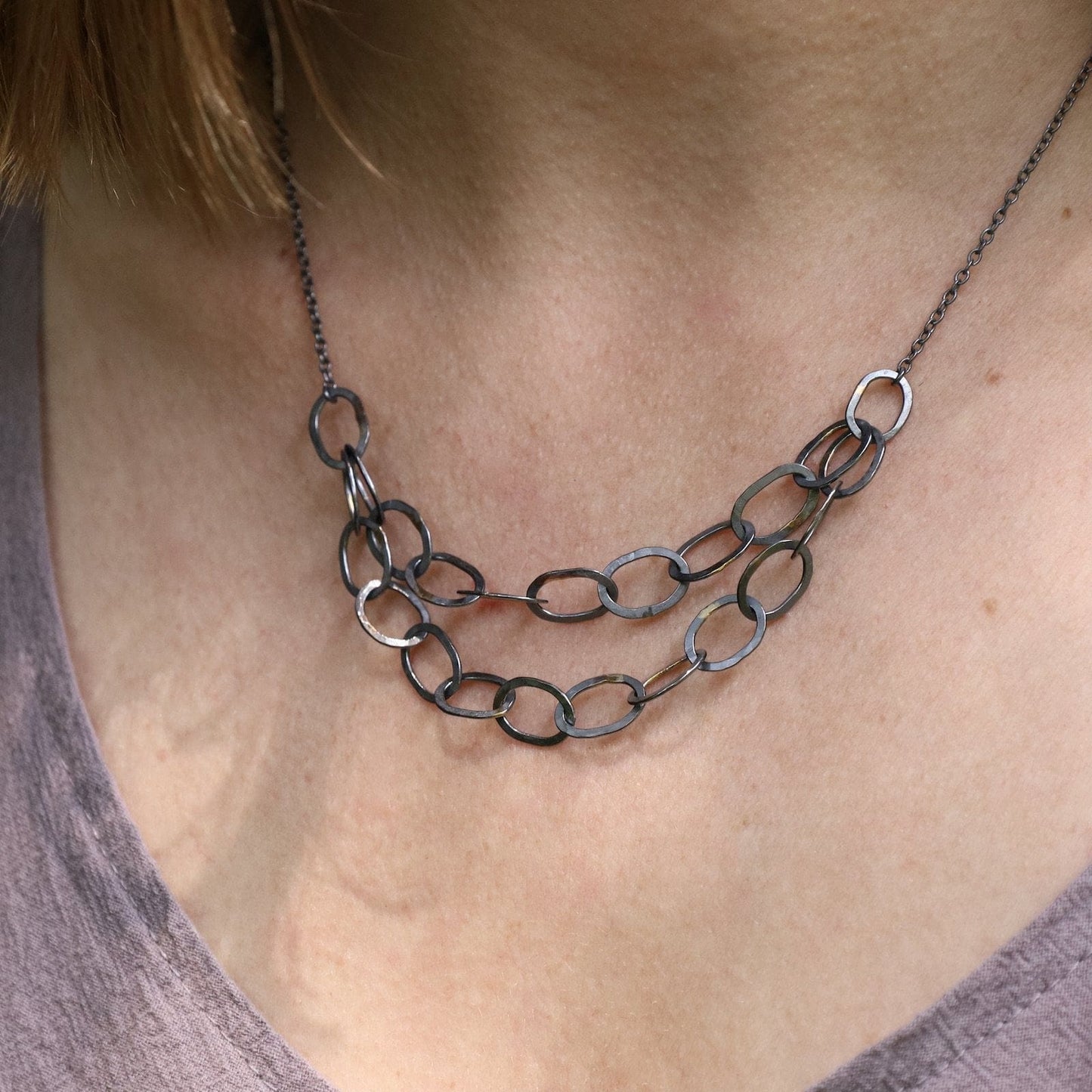 NKL-18K Double Linked Chain Necklace - Oxidized Silver with 18k Gold