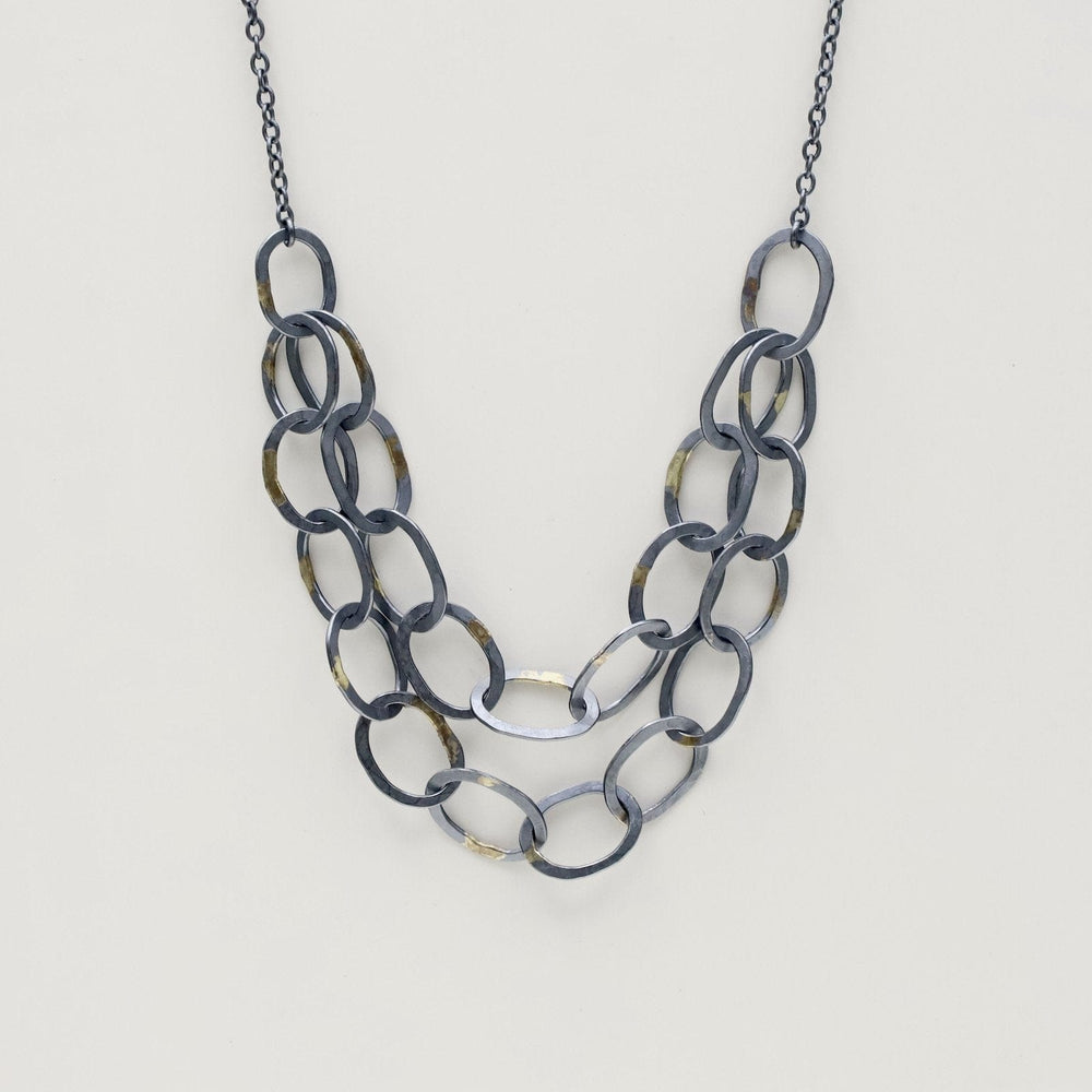 NKL-18K Double Linked Chain Necklace - Oxidized Silver with 18k Gold