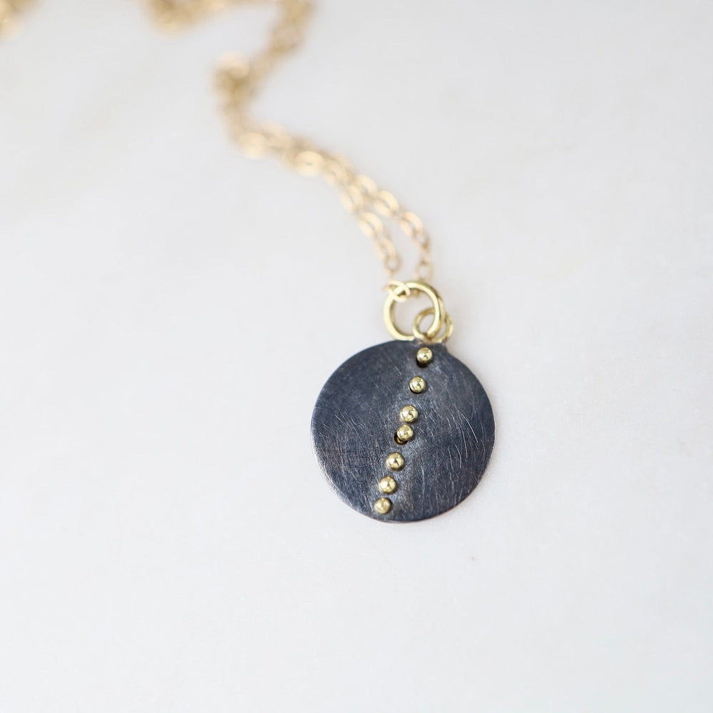 
                  
                    NKL-18K Gold Dot Disc Necklace- Oxidized Silver & 18k Gold Kinetic Dots
                  
                