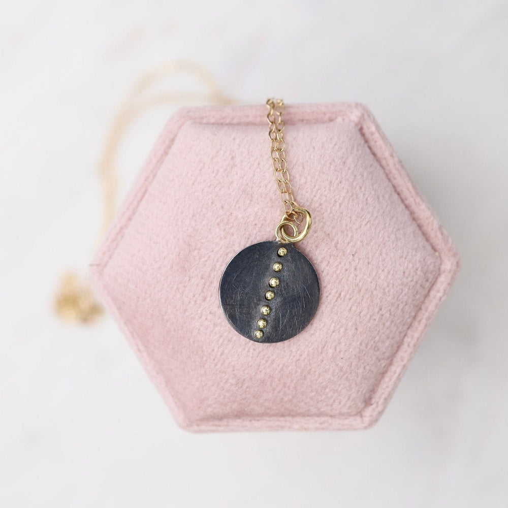 
                  
                    NKL-18K Gold Dot Disc Necklace- Oxidized Silver & 18k Gold Kinetic Dots
                  
                