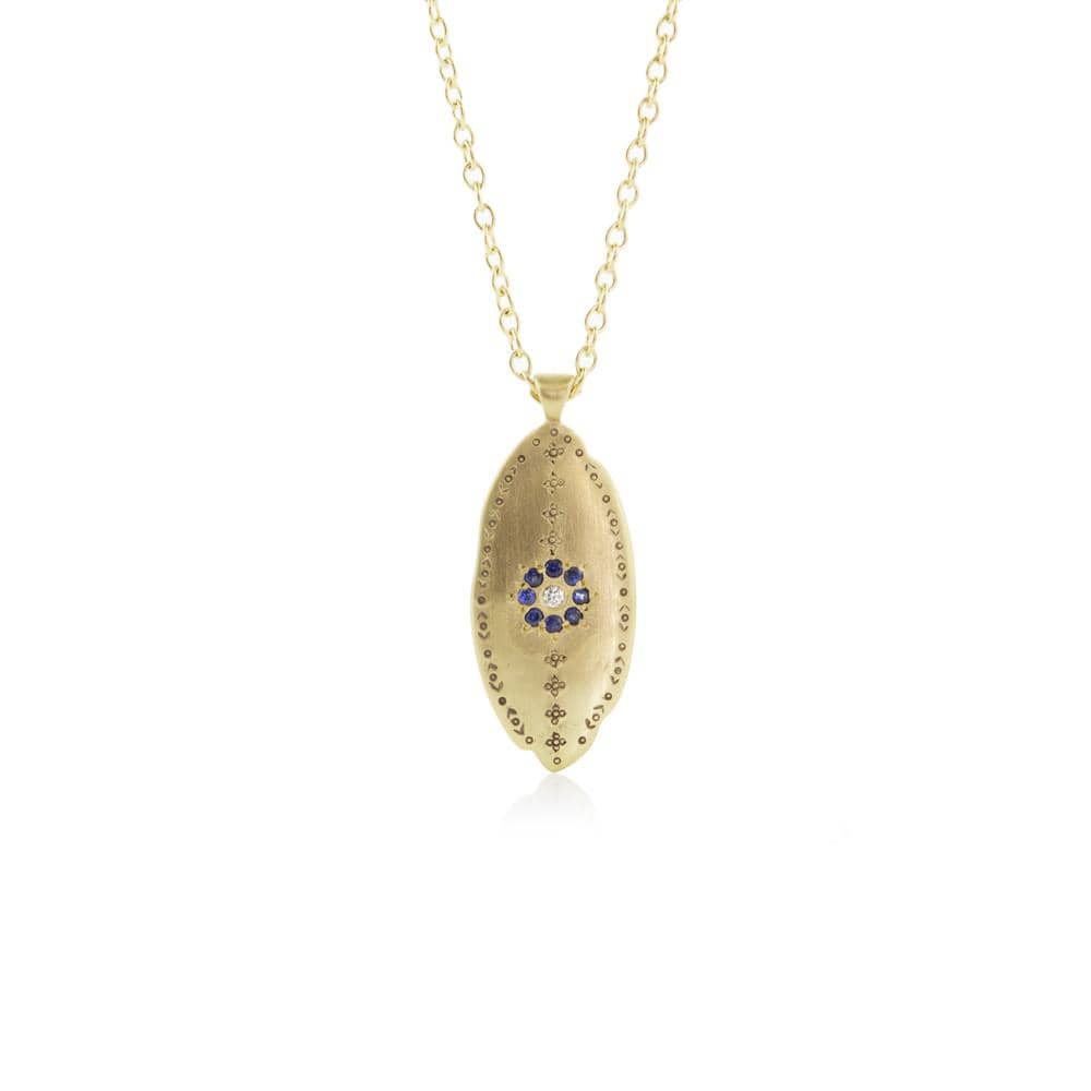 
                      
                        NKL-18K Golden Leaf Pendant with Sapphire Circle
                      
                    