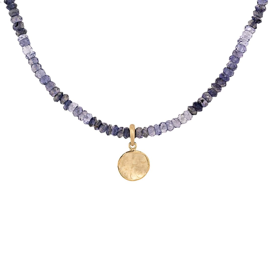 NKL-18K Natural Iolite Gemstone Hammered Disk Necklace