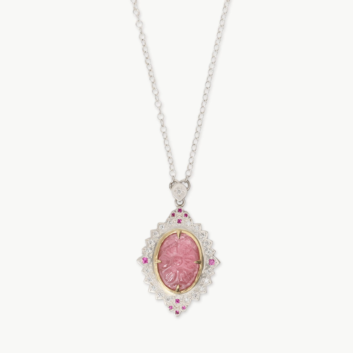 NKL-18K OOK Carved Tourmaline and Pink Sapphire Pendant