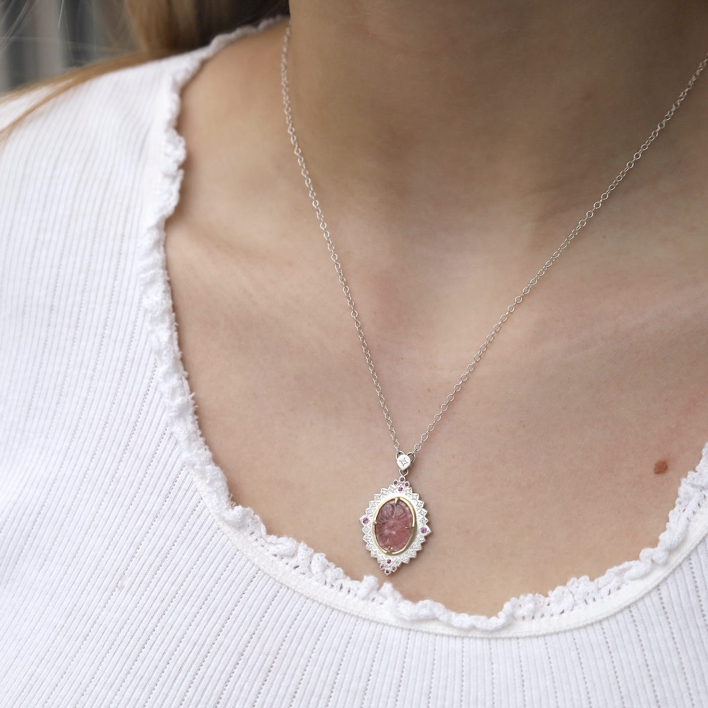 NKL-18K OOK Carved Tourmaline and Pink Sapphire Pendant