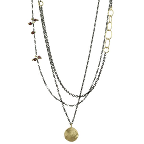 
                  
                    NKL-18K Parchment Disk Triple Chain Necklace with Garnets
                  
                