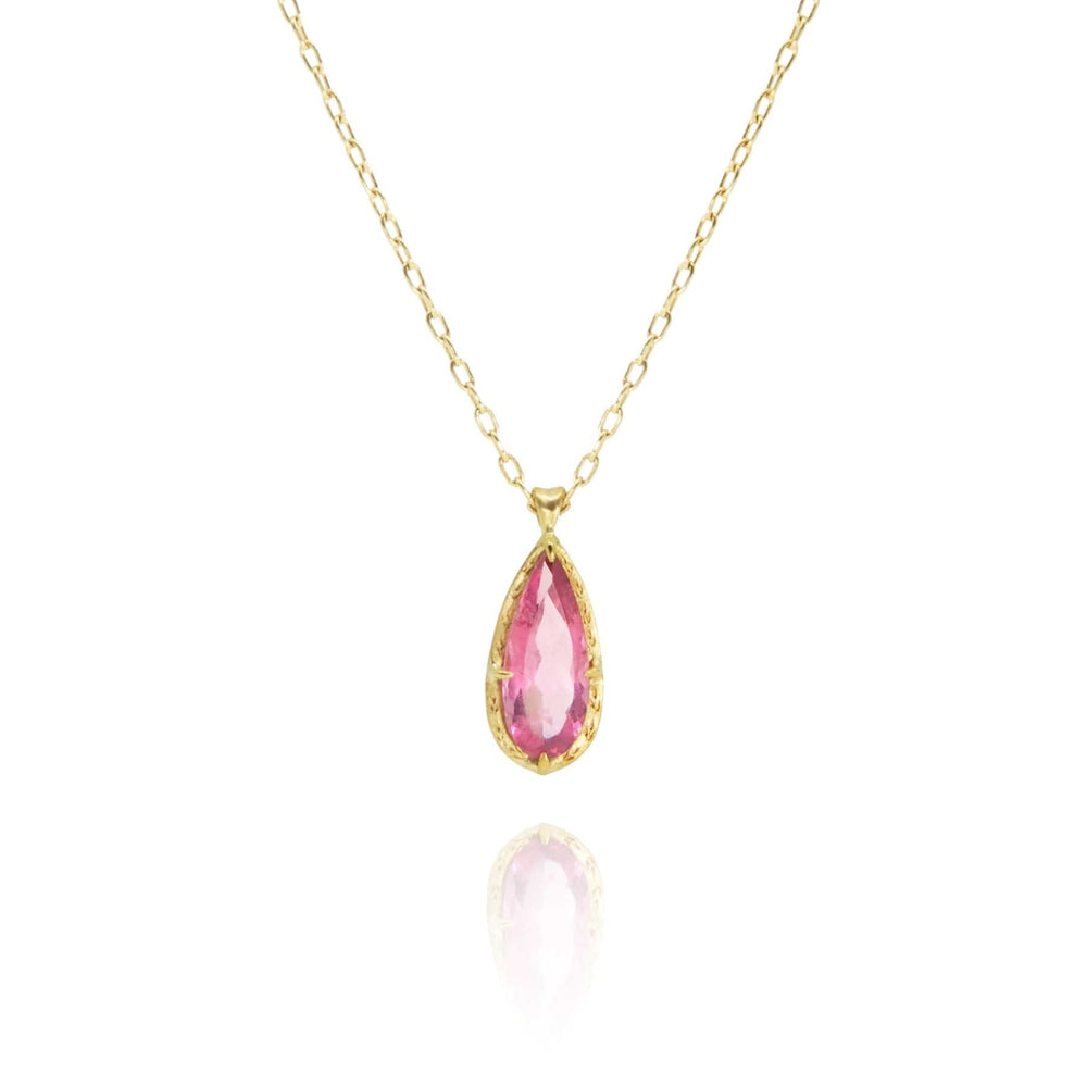 NKL-18K Pink Tourmaline Tear Drop Prong Pendant