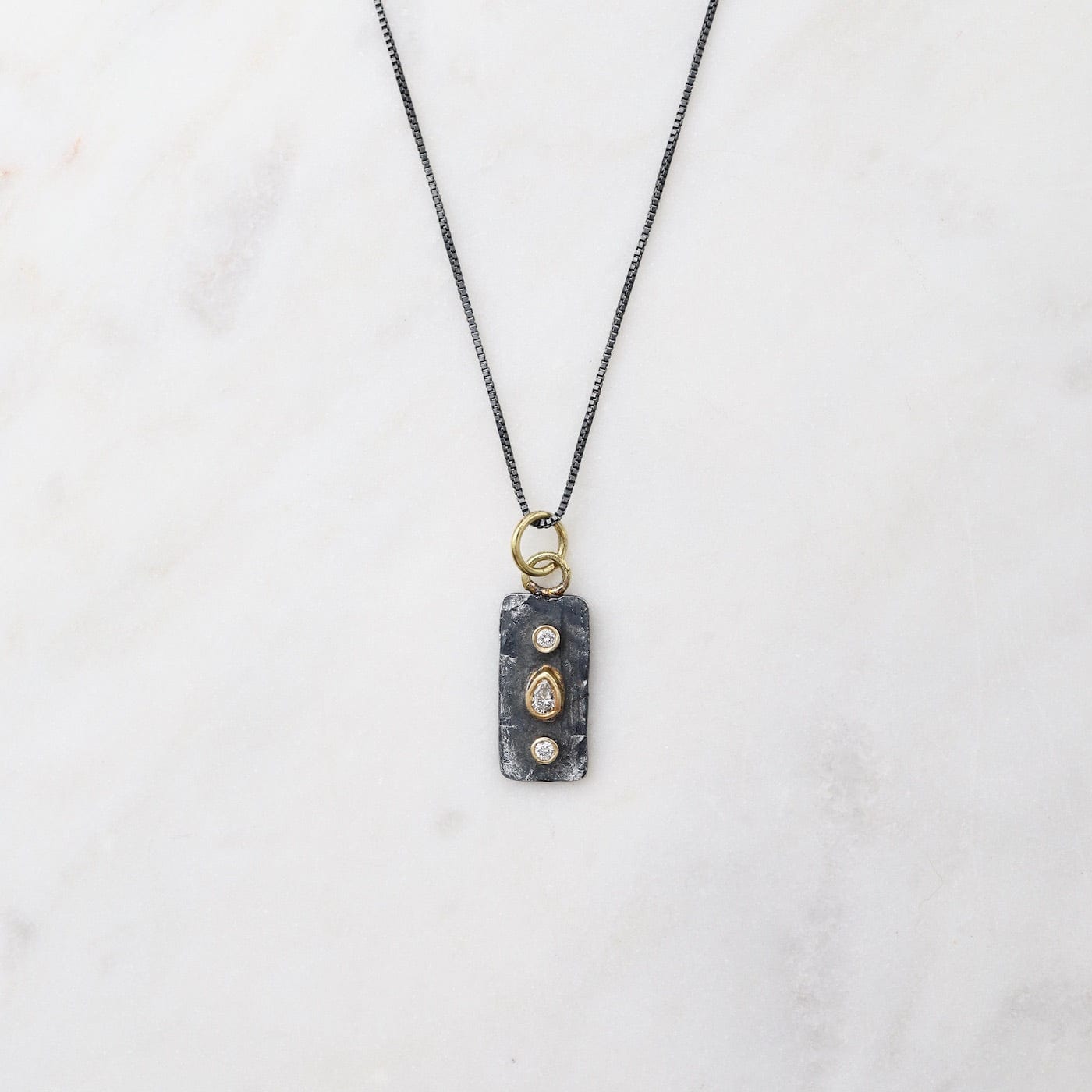 NKL-18K Triple Stone Rectangle Necklace - Oxidized Silver & 18k with Diamonds