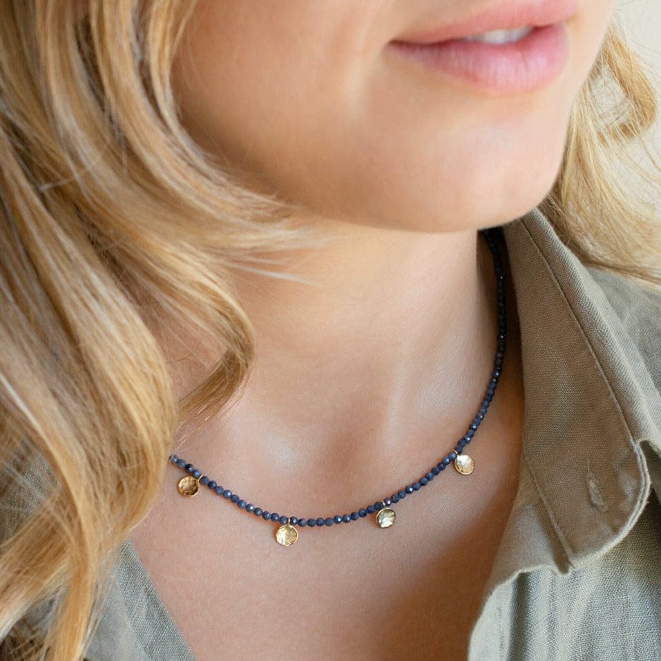 NKL-18K Turquoise Gemstone Mini Hammered Disc Station Necklace