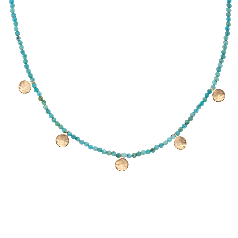 NKL-18K Turquoise Gemstone Mini Hammered Disc Station Necklace