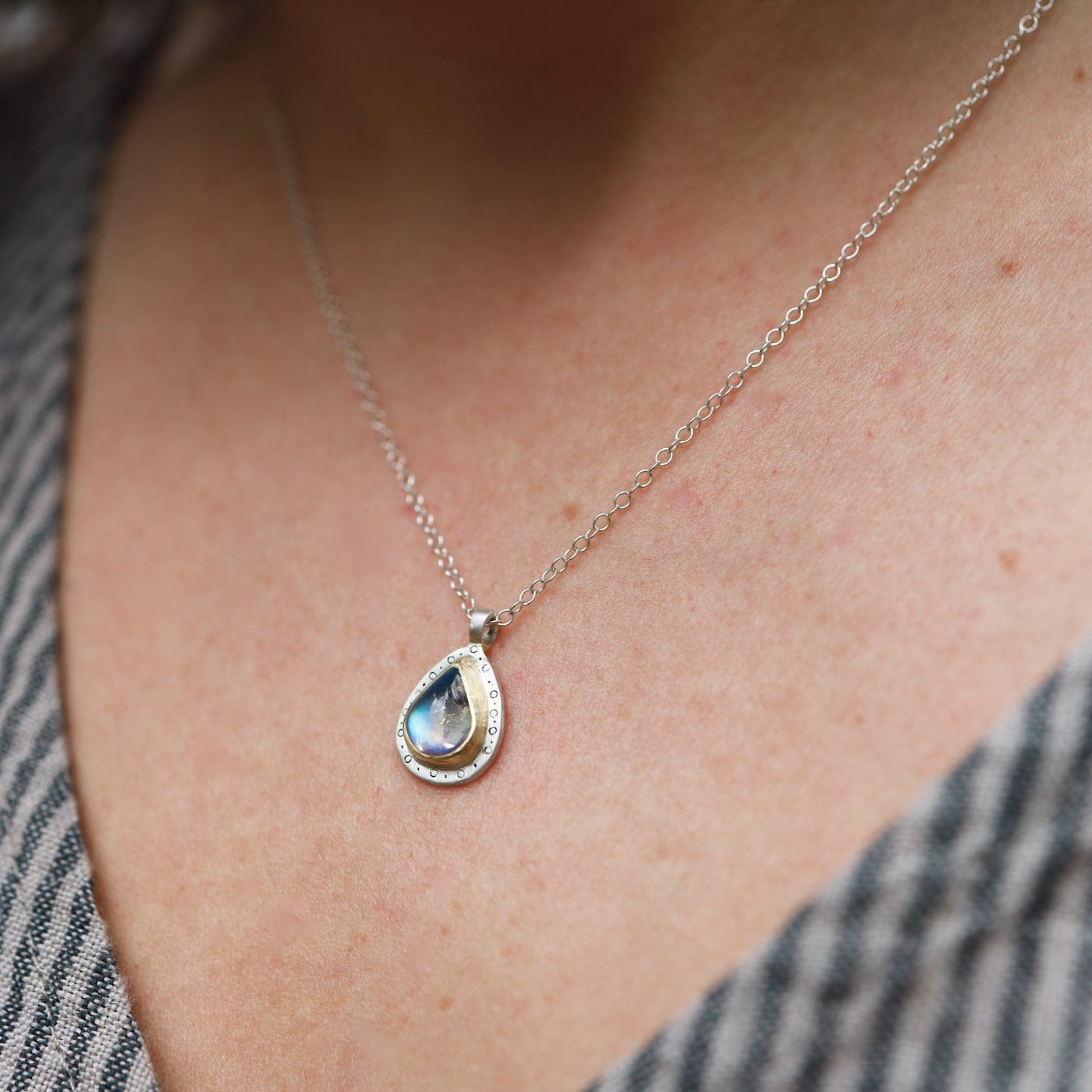 NKL-18K Two Tone Moonstone Teardrop Pendant Necklace