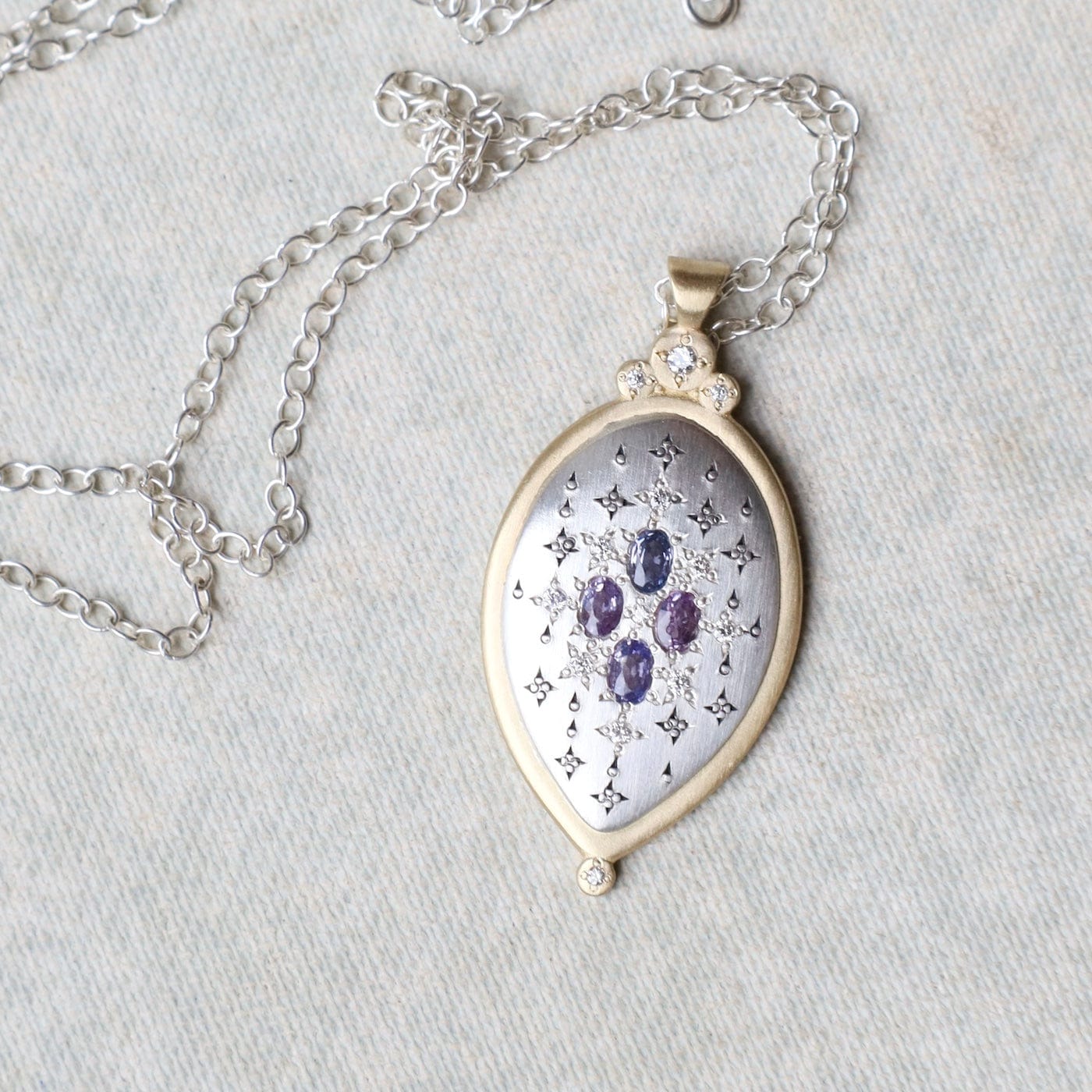 NKL-18K Two Tone Oval Sapphire Pendant Necklace