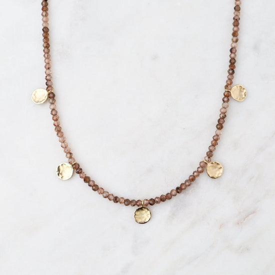 Load image into Gallery viewer, NKL-18K &amp;#39;Wrap&amp;#39; Champagne Garnet Mini Hammered Disc Necklace
