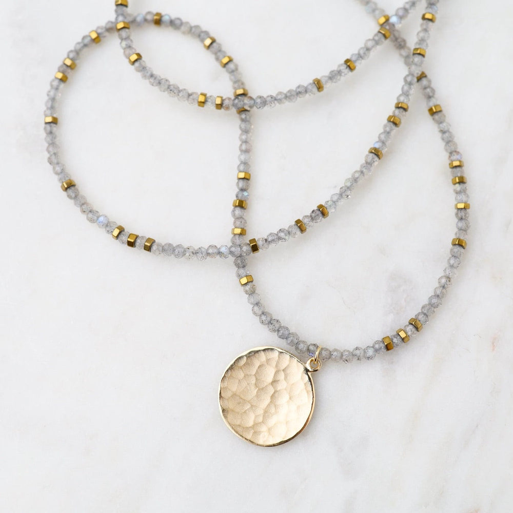 
                  
                    NKL-18K 'Wrap' Labradorite Gemstone Large Hammered Disc Necklace
                  
                