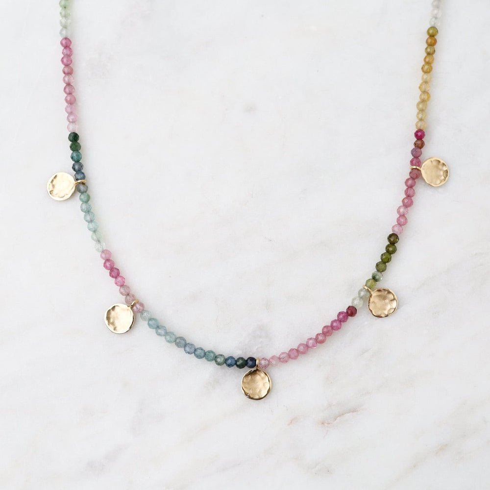 
                      
                        NKL-18K 'Wrap' Watermelon Tourmaline Mini Hammered Disc Necklace
                      
                    