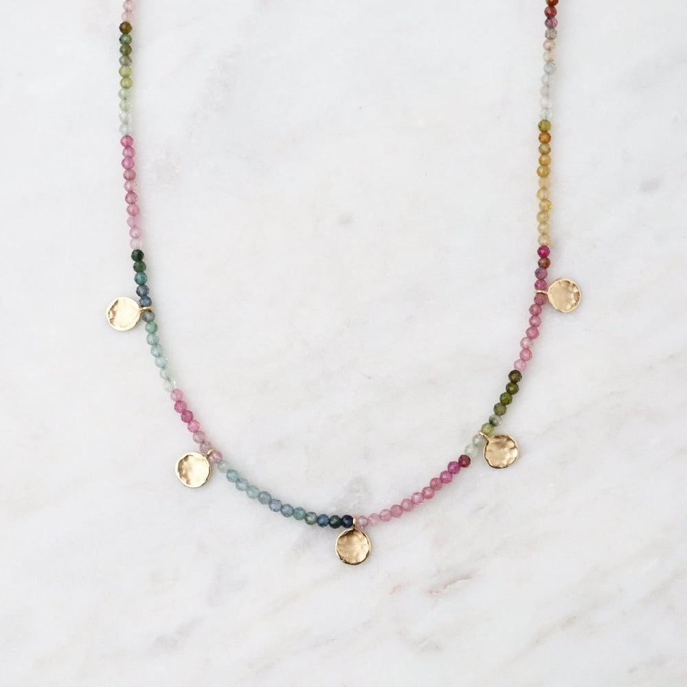 
                      
                        NKL-18K 'Wrap' Watermelon Tourmaline Mini Hammered Disc Necklace
                      
                    