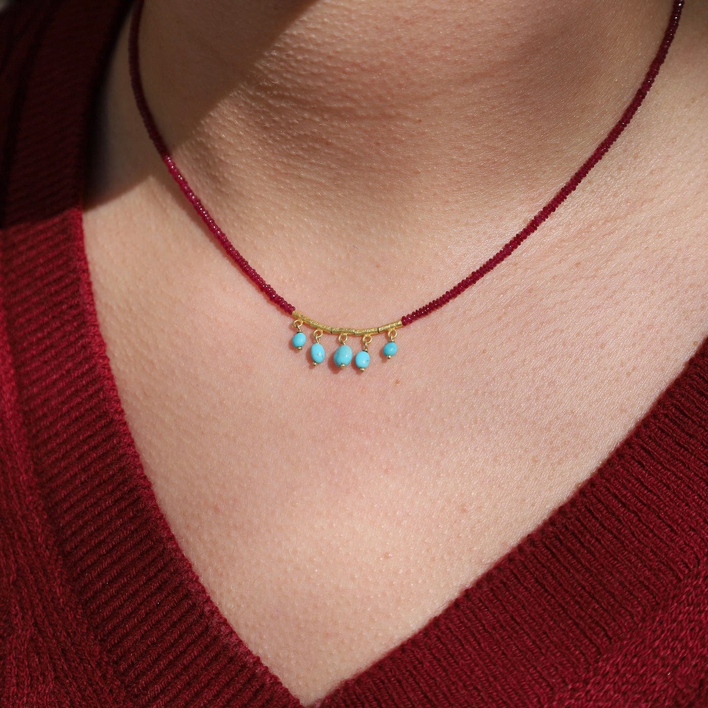 NKL-20K Ruby Beaded Necklace with Turquoise Fringe