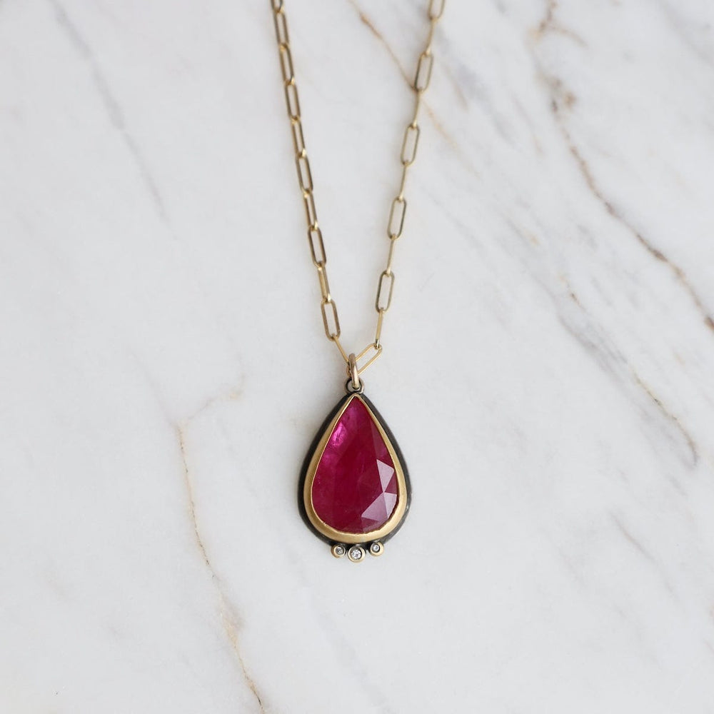 NKL-22K 22k Bezel set Rosecut Teardrop Ruby with 3 Diamond