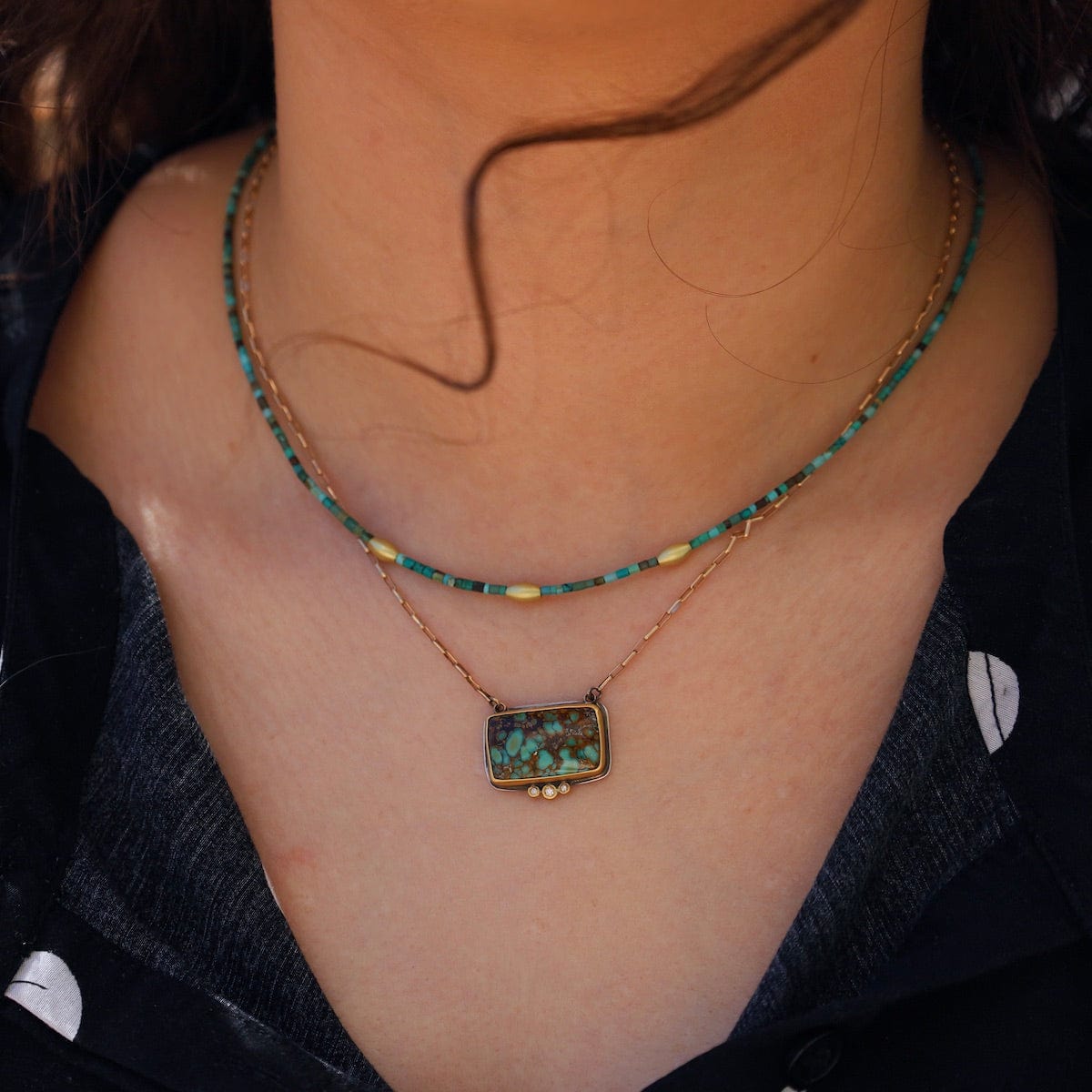 NKL-22K Bezel Set Horizontal Turquoise with Diamonds Necklace