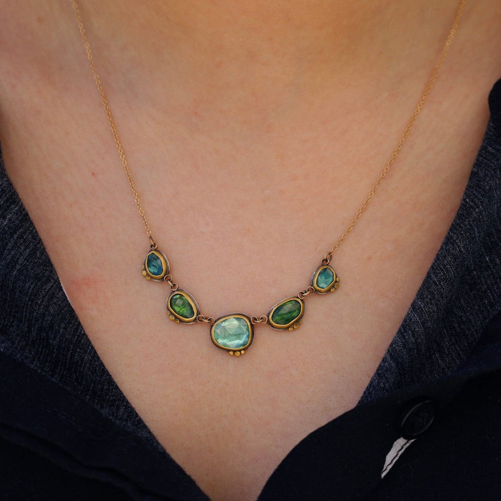 NKL-22K Bezel Set Multi Green Tourmaline Necklace