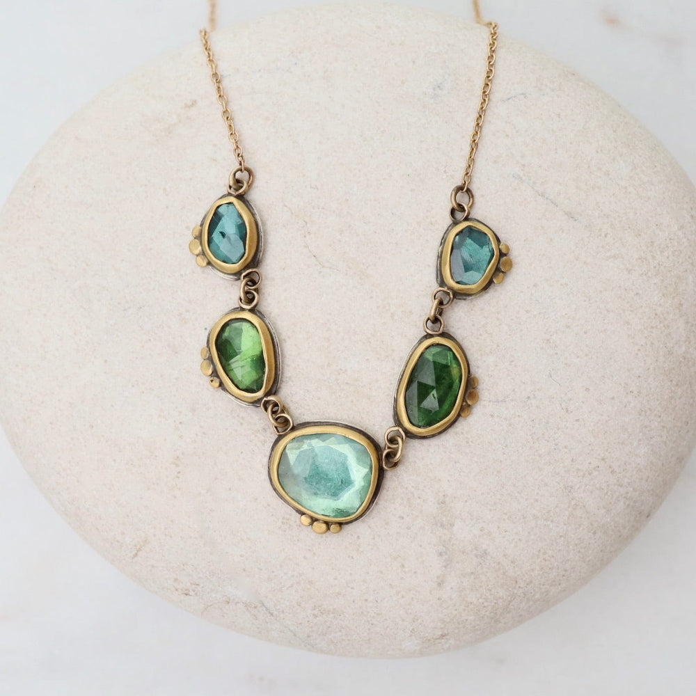 
                      
                        NKL-22K Bezel Set Multi Green Tourmaline Necklace
                      
                    