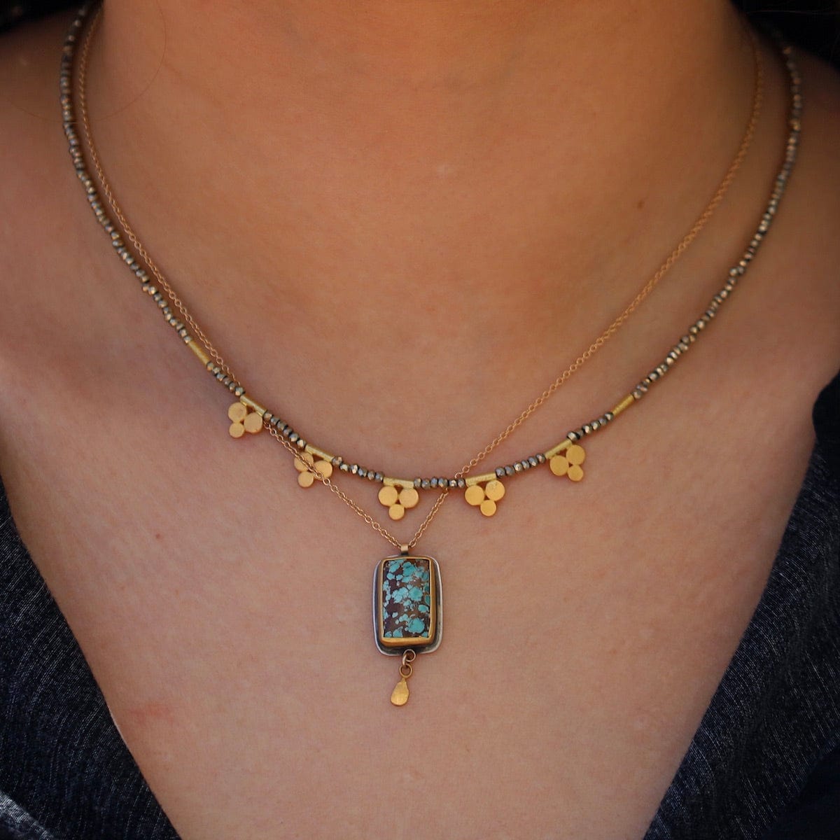 NKL-22K Bezel Set Turquoise with 22k Petal Drop Necklace