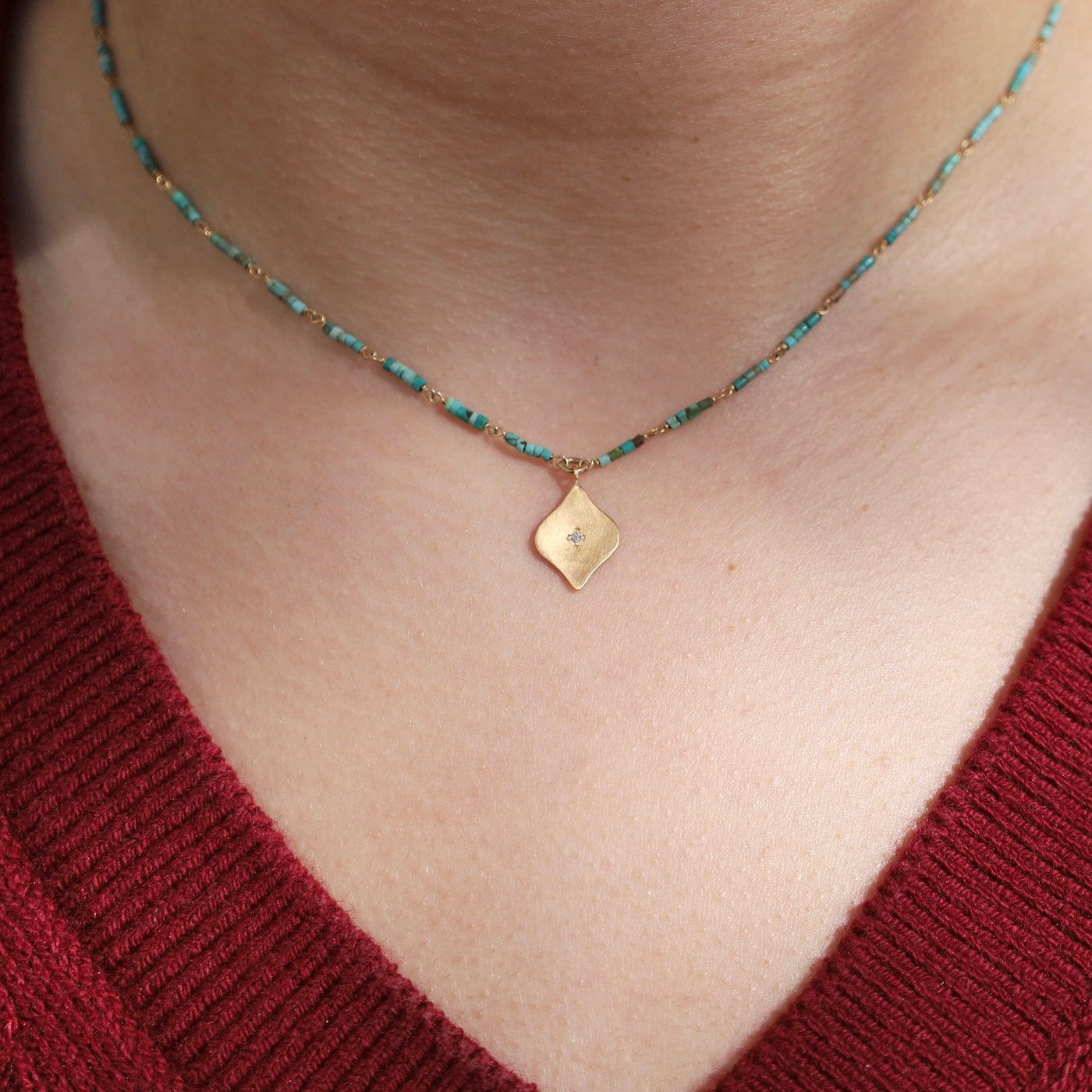 NKL-22K Diamond Charm Turquoise Bead Necklace