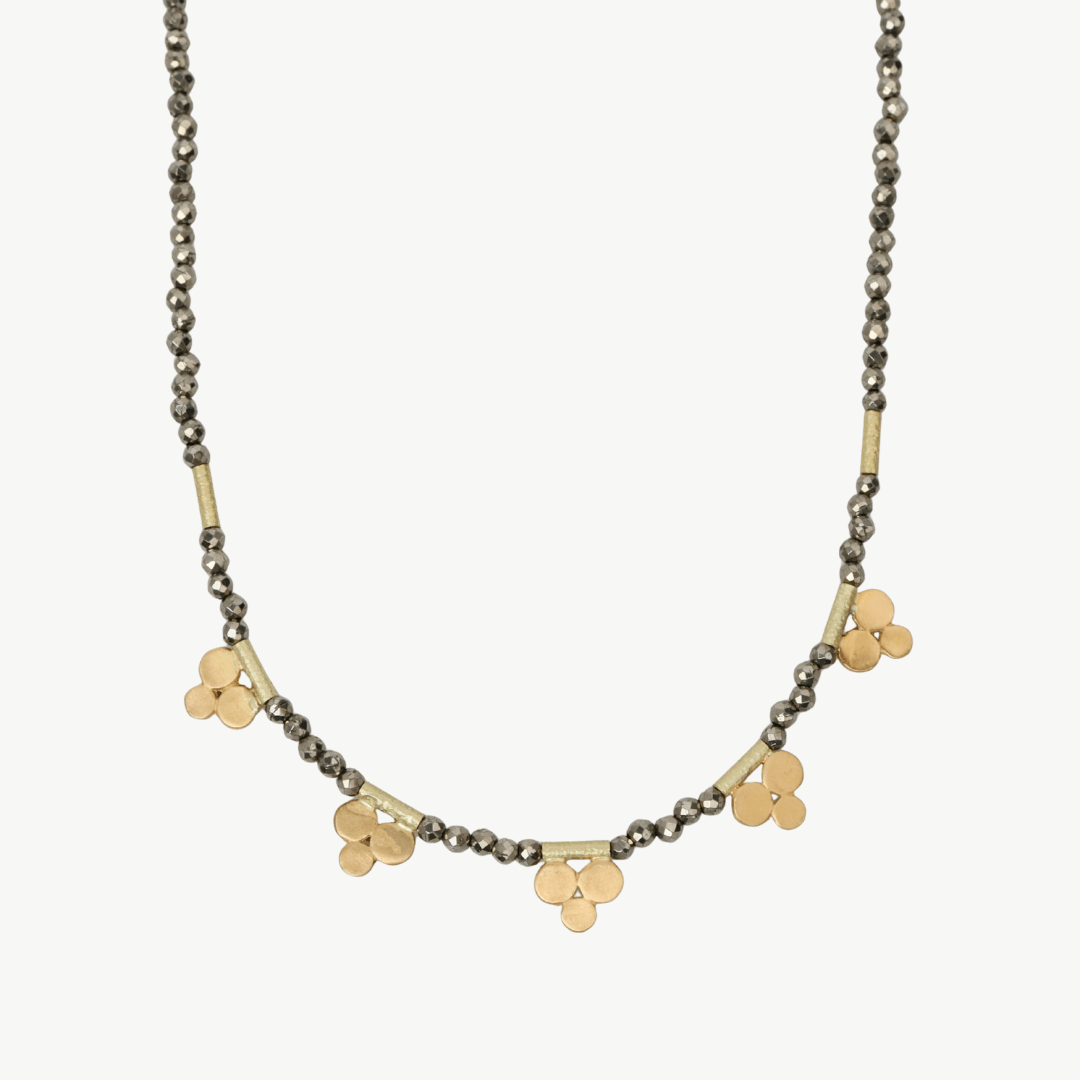 NKL-22K Pyrite Bead Necklace with Five 22k Trios