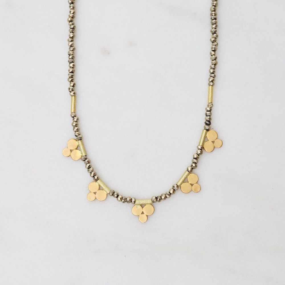 
                  
                    NKL-22K Pyrite Bead Necklace with Five 22k Trios
                  
                