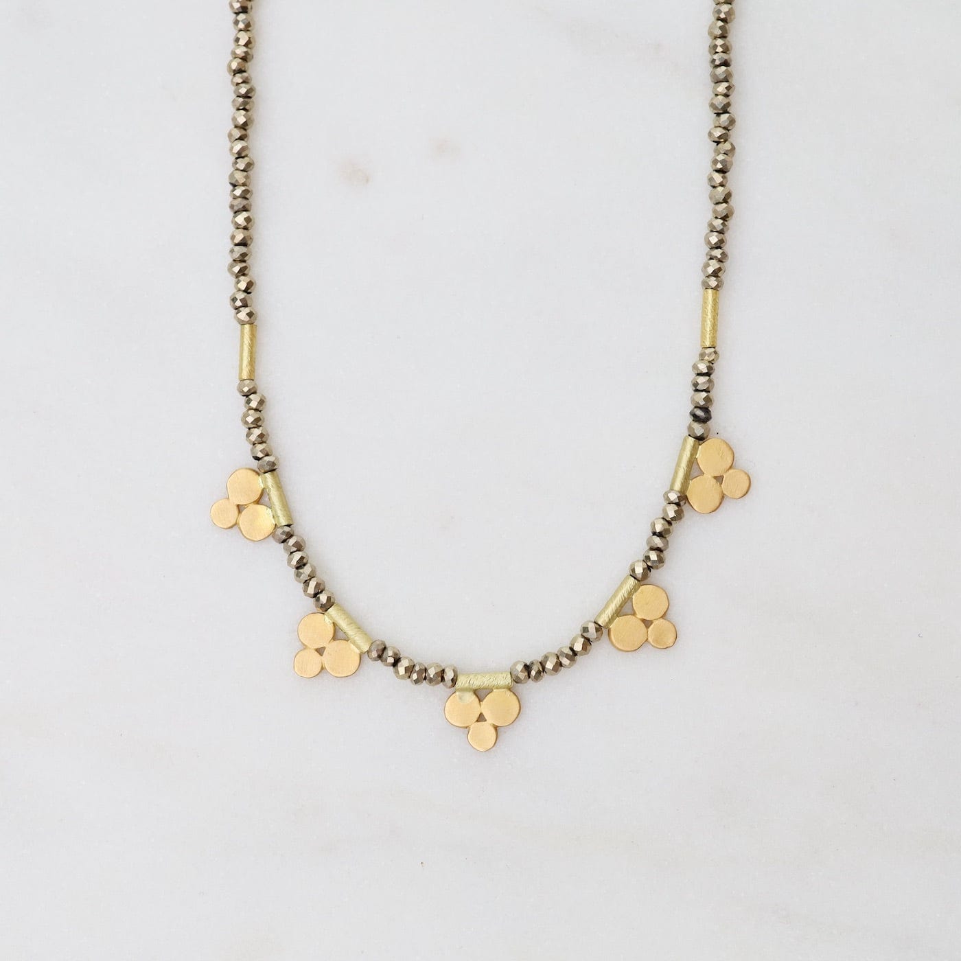 NKL-22K Pyrite Bead Necklace with Five 22k Trios