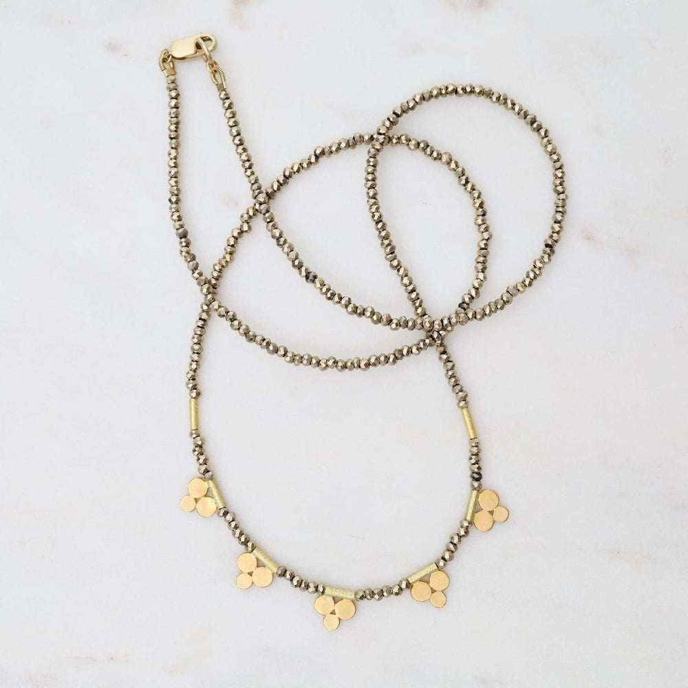 
                      
                        NKL-22K Pyrite Bead Necklace with Five 22k Trios
                      
                    