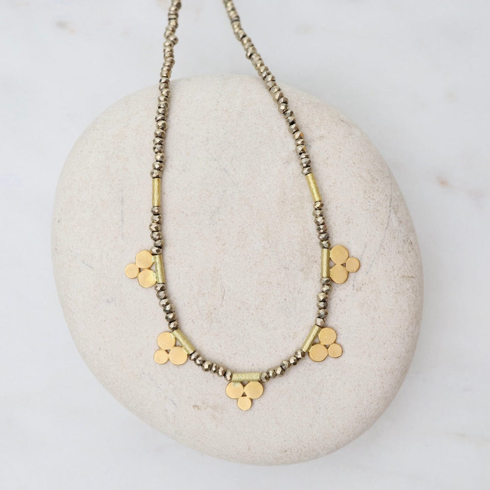 
                      
                        NKL-22K Pyrite Bead Necklace with Five 22k Trios
                      
                    