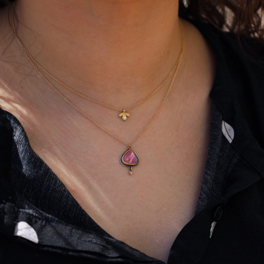 
                      
                        NKL-22K Rose Cut Pink Tourmaline Teardrop with Dangling Diamond Dot Necklace
                      
                    