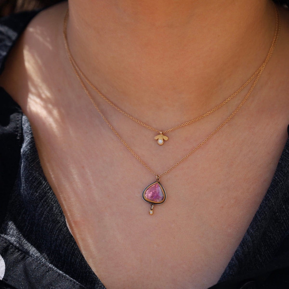 
                      
                        NKL-22K Rose Cut Pink Tourmaline Teardrop with Dangling Diamond Dot Necklace
                      
                    