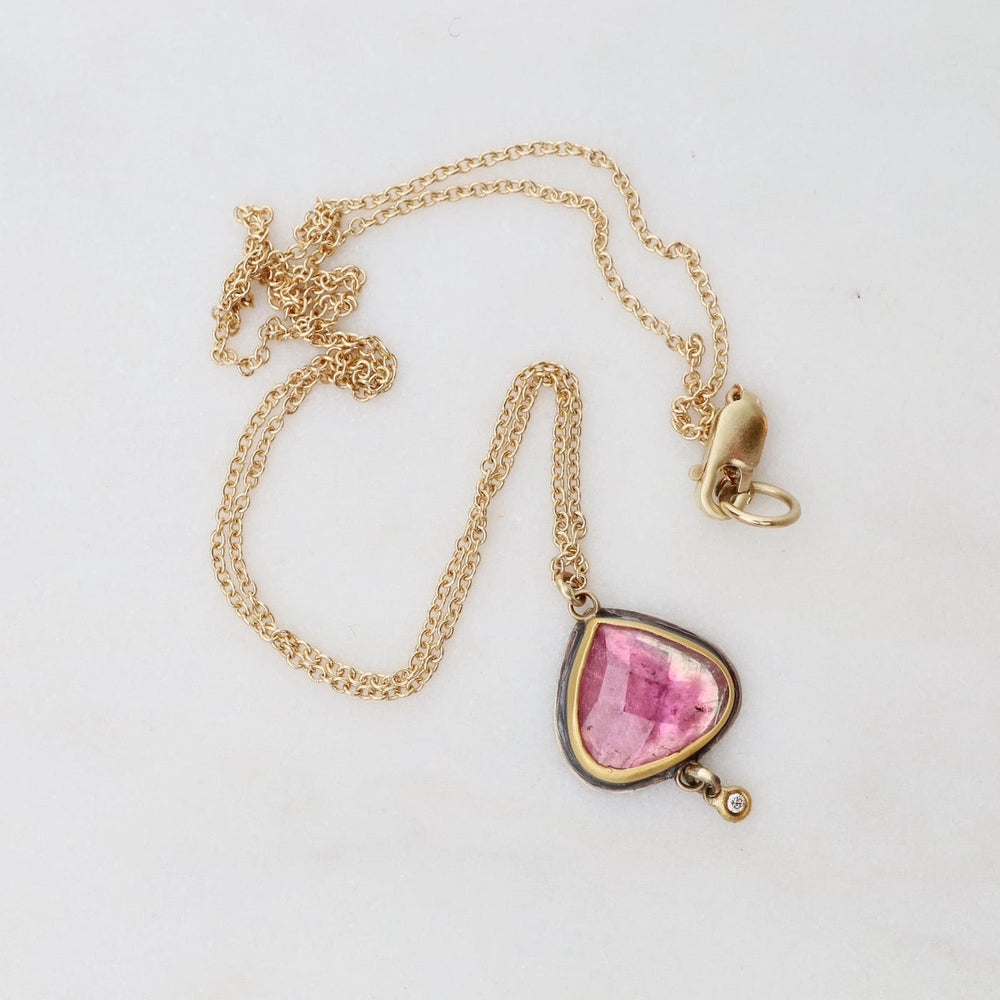 
                      
                        NKL-22K Rose Cut Pink Tourmaline Teardrop with Dangling Diamond Dot Necklace
                      
                    