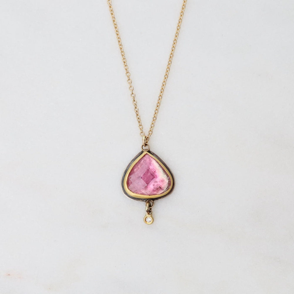 
                      
                        NKL-22K Rose Cut Pink Tourmaline Teardrop with Dangling Diamond Dot Necklace
                      
                    