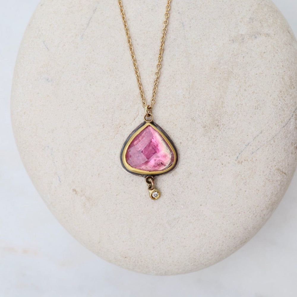 
                      
                        NKL-22K Rose Cut Pink Tourmaline Teardrop with Dangling Diamond Dot Necklace
                      
                    