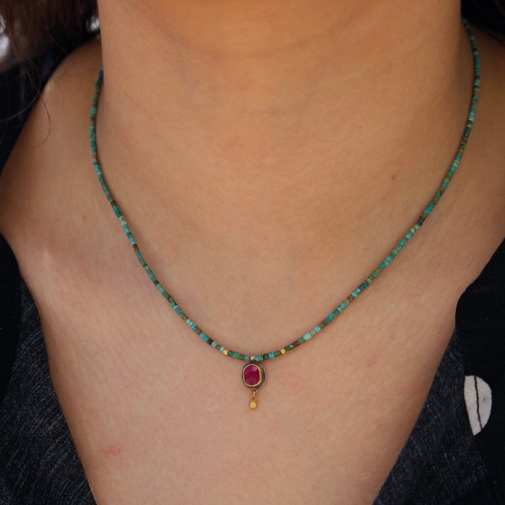 NKL-22K Ruby Teardrop and Turquoise Beaded Necklace