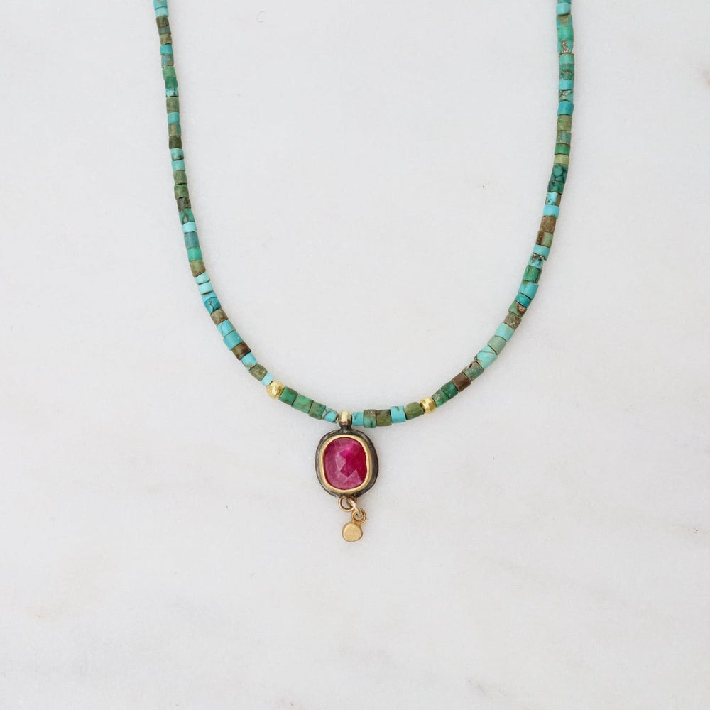 NKL-22K Ruby Teardrop and Turquoise Beaded Necklace