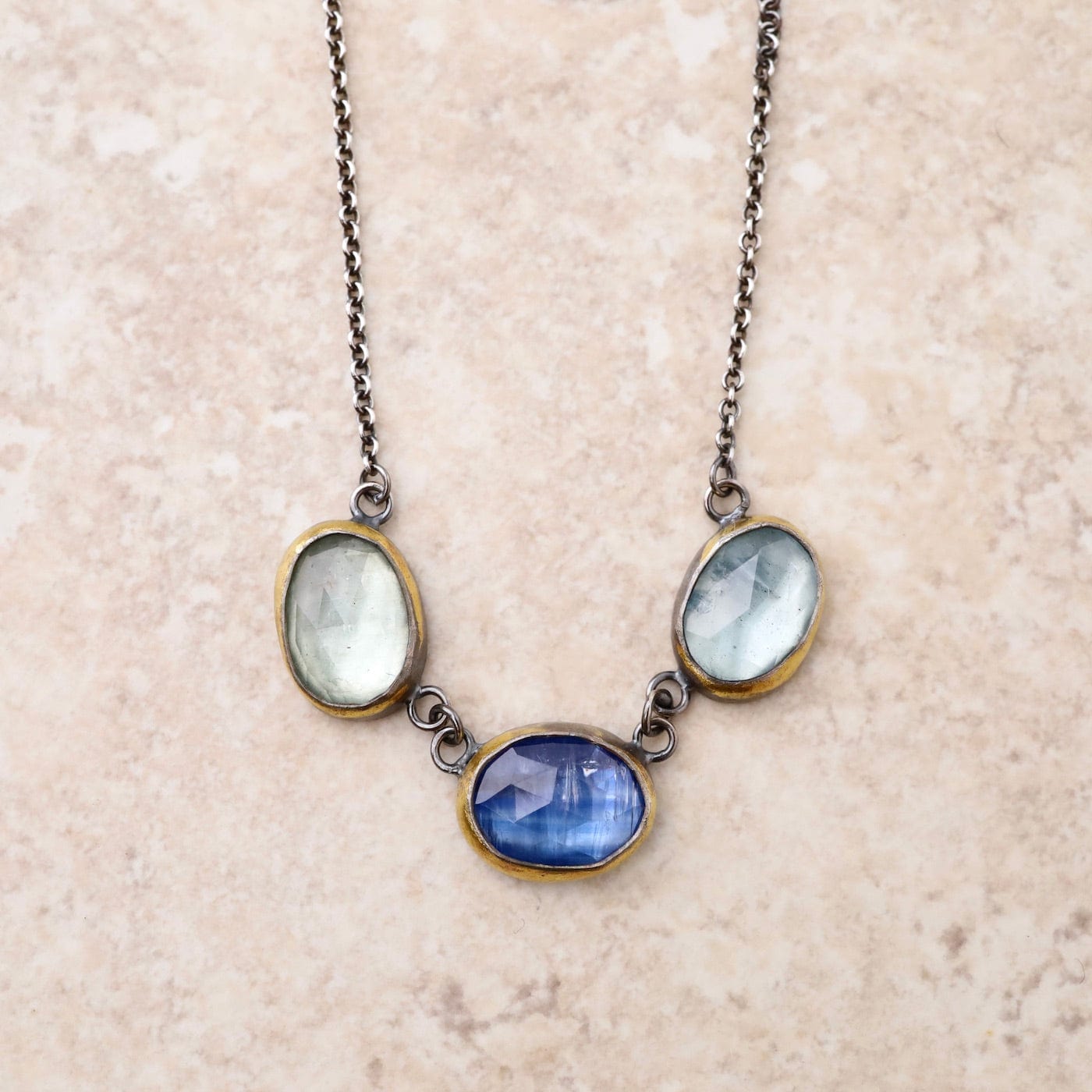 NKL 3 Crescent Rim Necklace with Kyanite & Aquamarine