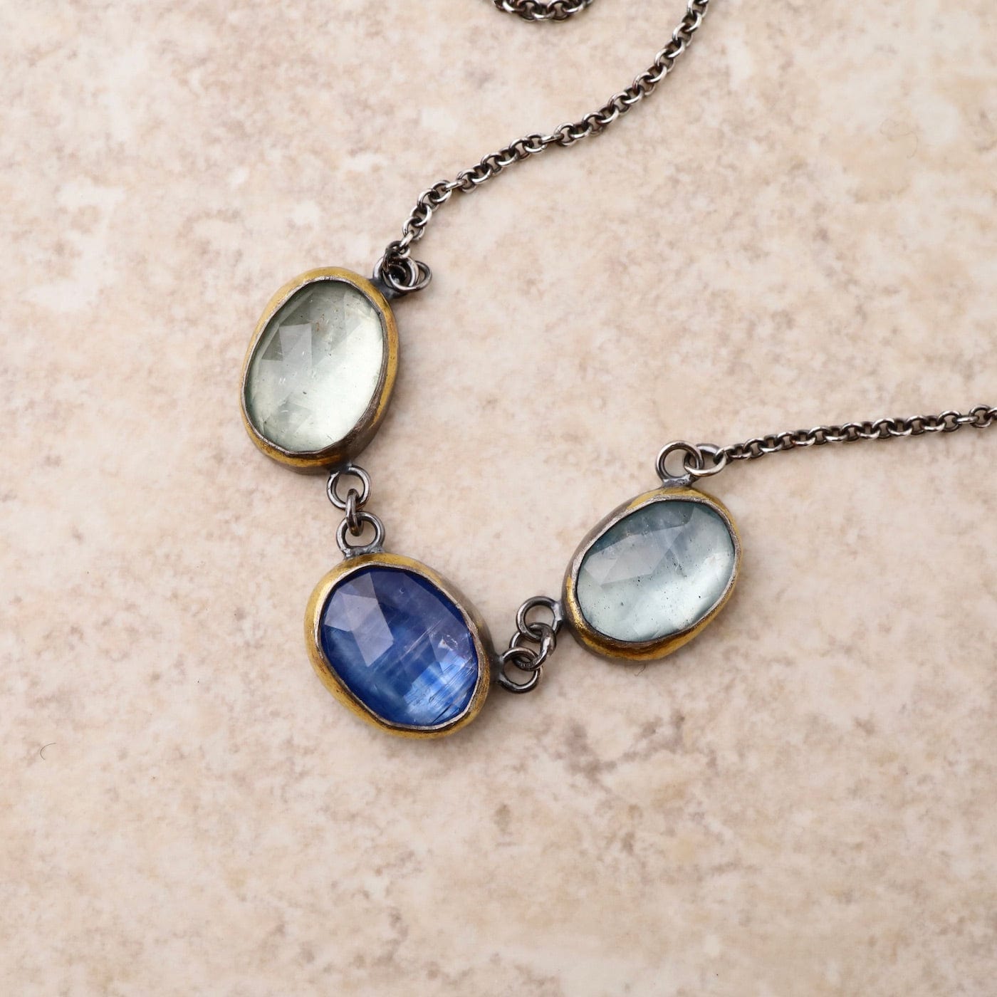Load image into Gallery viewer, NKL 3 Crescent Rim Necklace with Kyanite &amp;amp; Aquamarine
