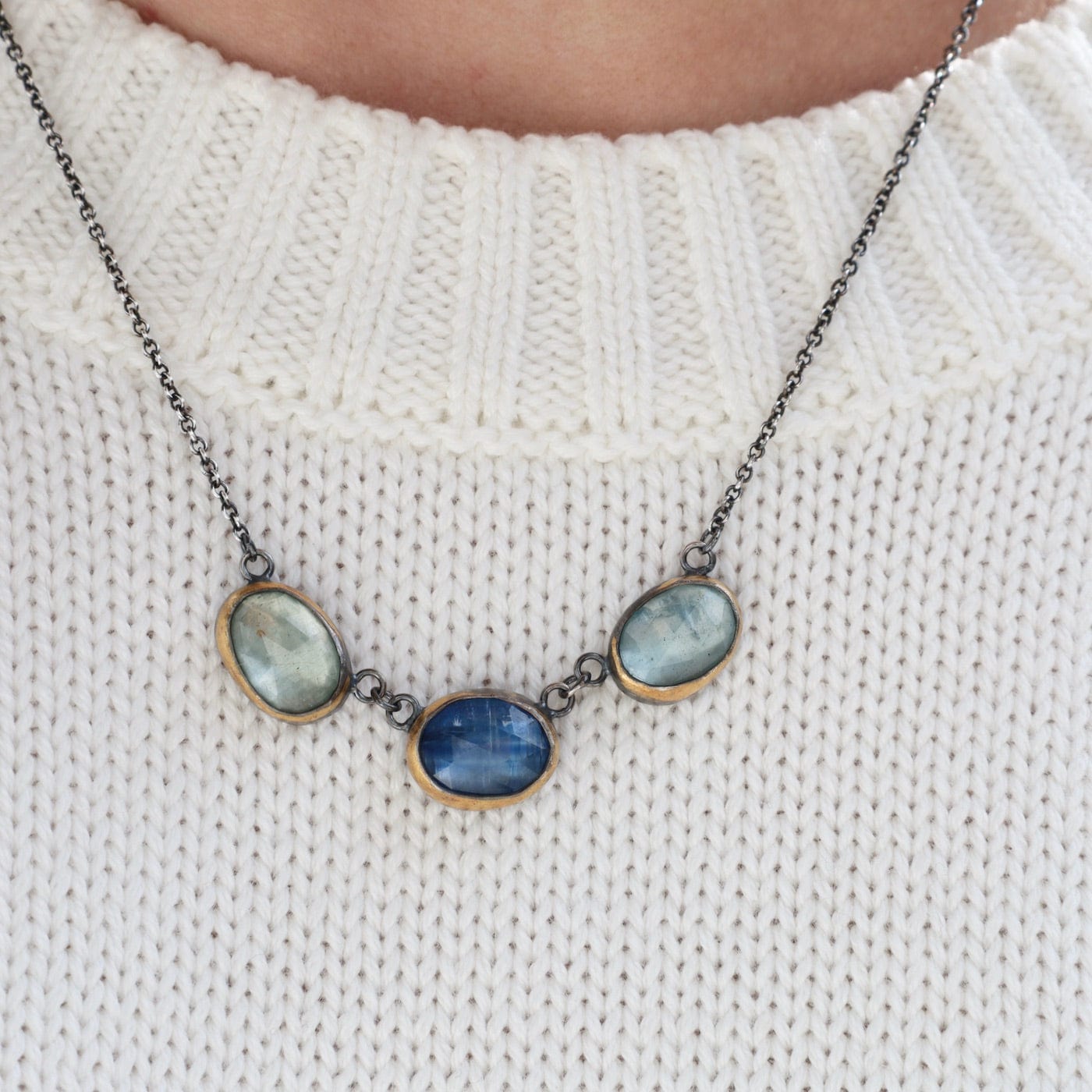 Load image into Gallery viewer, NKL 3 Crescent Rim Necklace with Kyanite &amp;amp; Aquamarine
