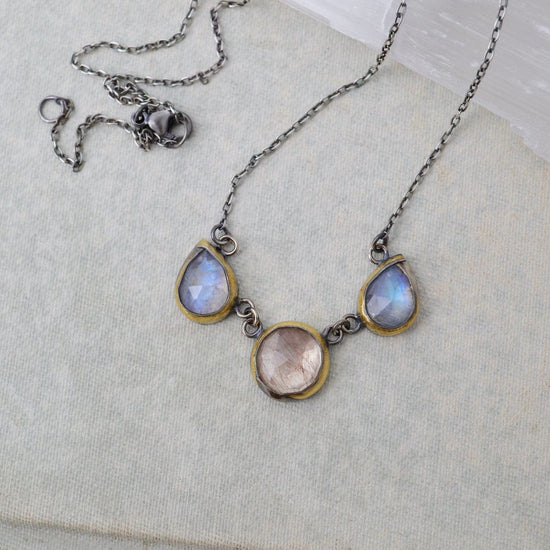 NKL 3 Crescent Rim Necklace with Rainbow Moonstone & R
