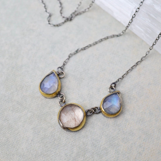 NKL 3 Crescent Rim Necklace with Rainbow Moonstone & R