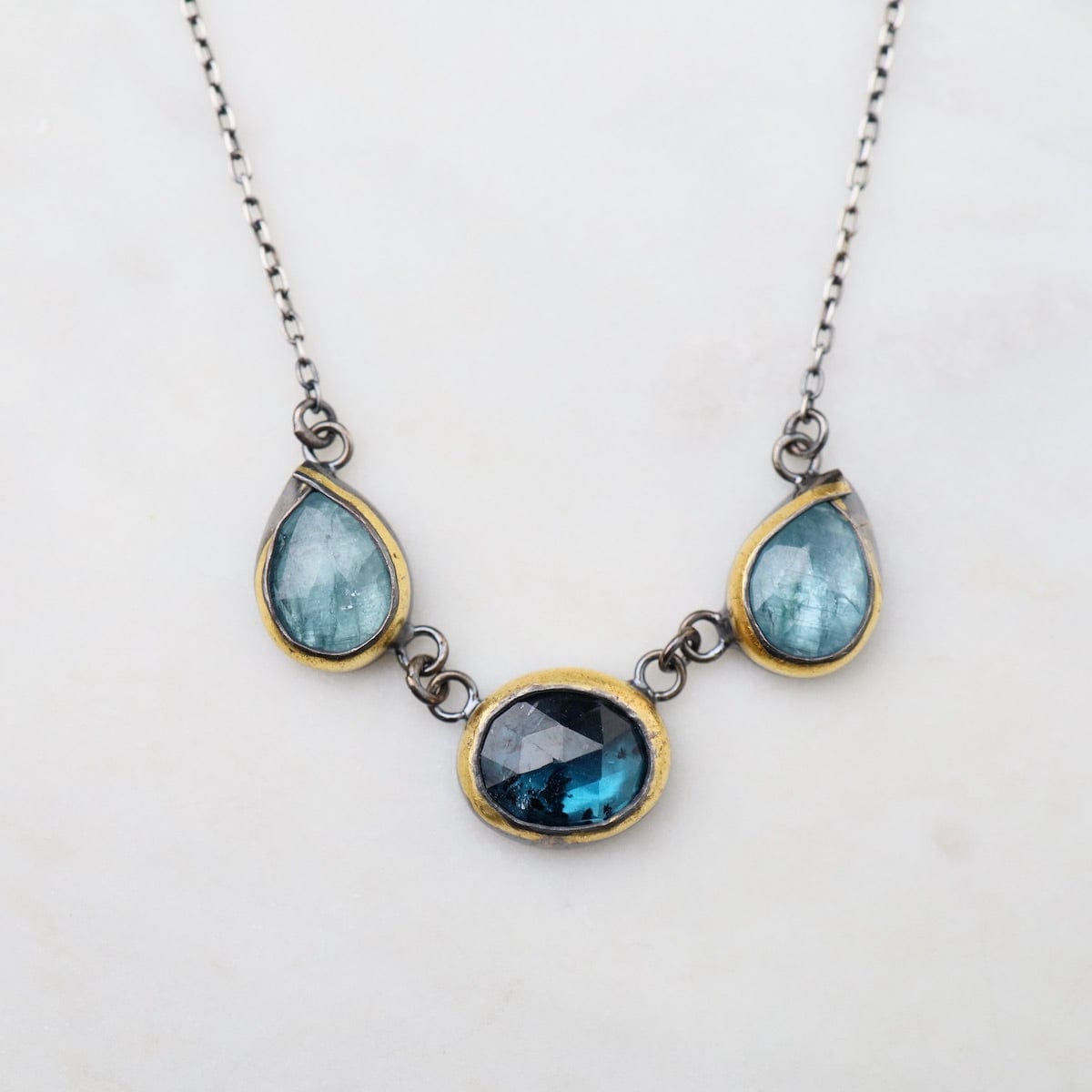 NKL 3 Crescent Rim Necklace with Teal Kyanite & Aquama