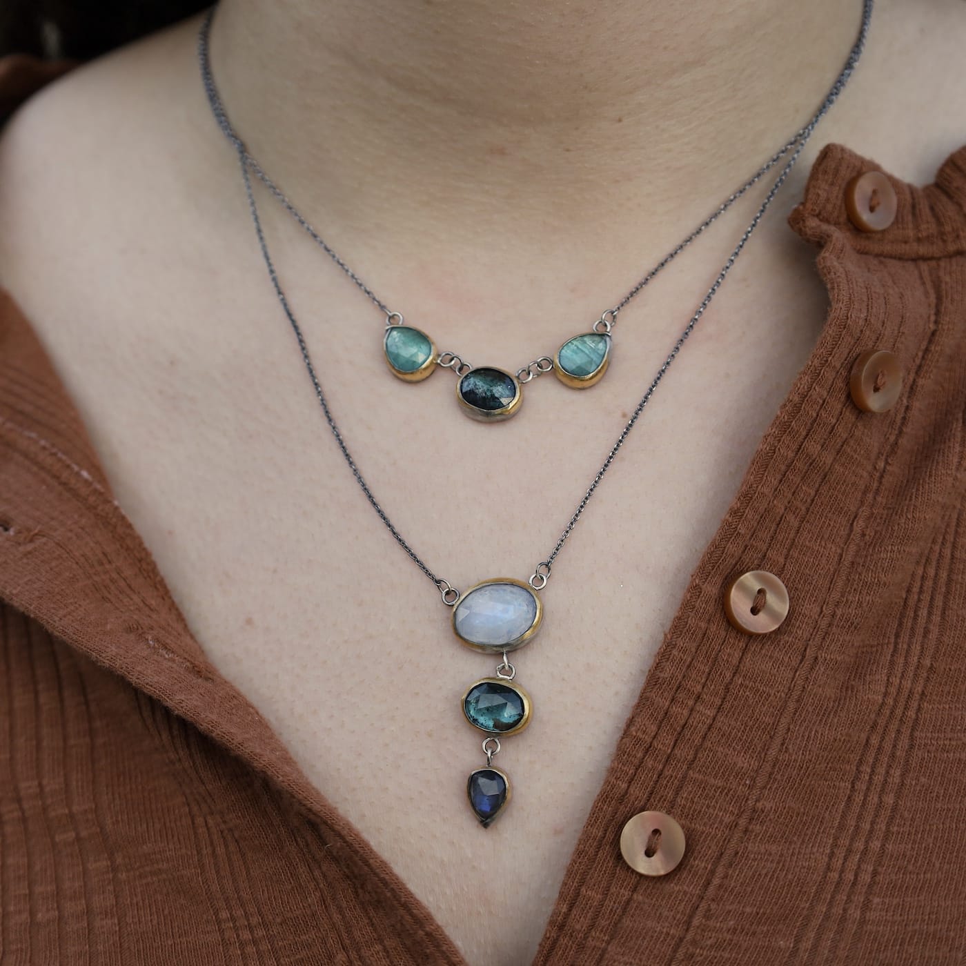 NKL 3 Crescent Rim Necklace with Teal Kyanite & Light Blue Kyanite