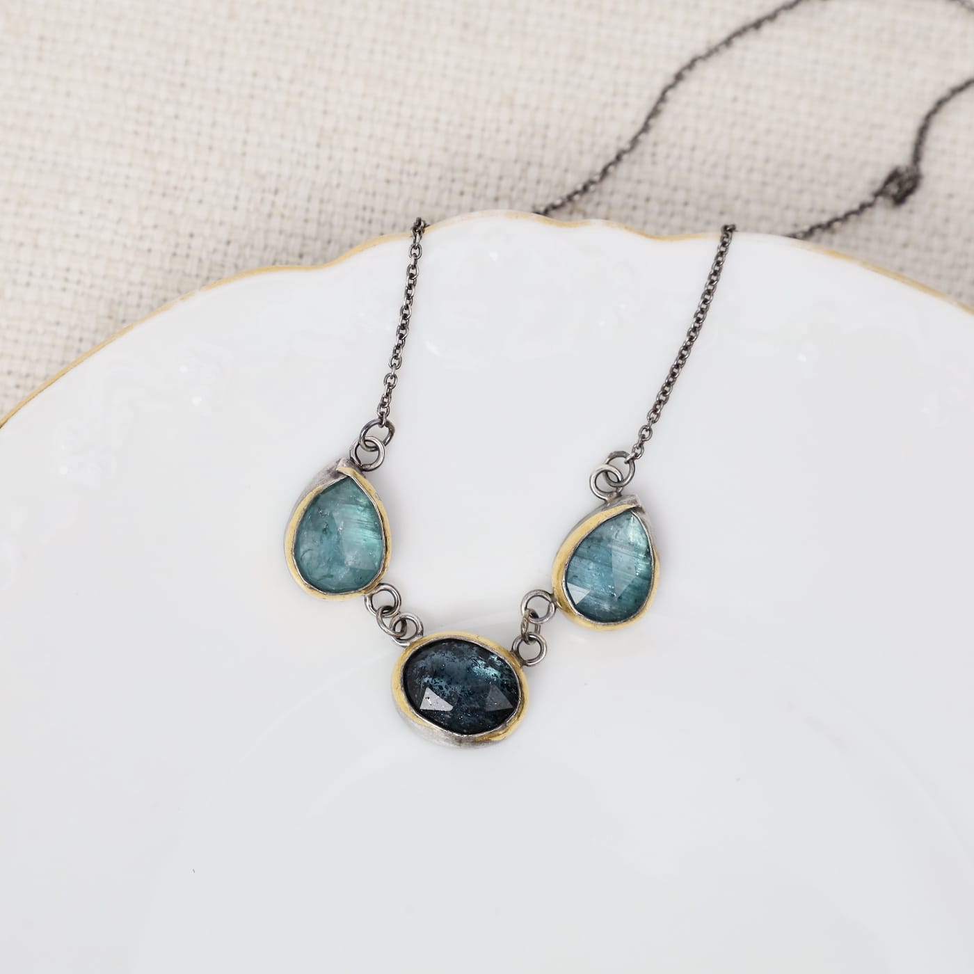NKL 3 Crescent Rim Necklace with Teal Kyanite & Light Blue Kyanite