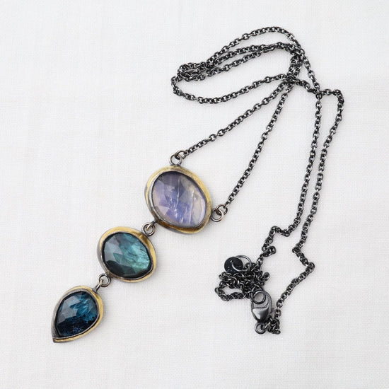 Load image into Gallery viewer, NKL 3 Drop Rim Necklace with Labradorite, Moonstone &amp;amp; Kyanite
