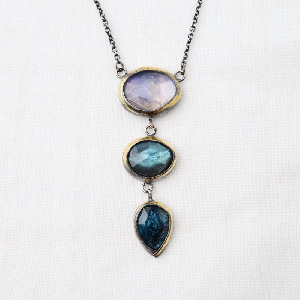 NKL 3 Drop Rim Necklace with Labradorite, Moonstone & Kyanite