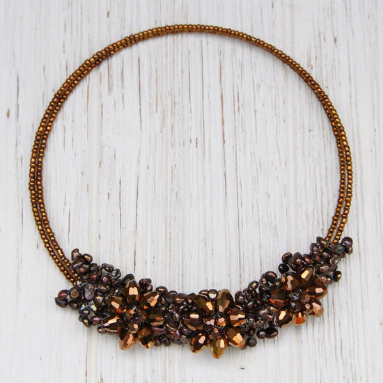 Load image into Gallery viewer, NKL 3 Flower Pearl &amp;amp; Crystal Choker ~ Brown
