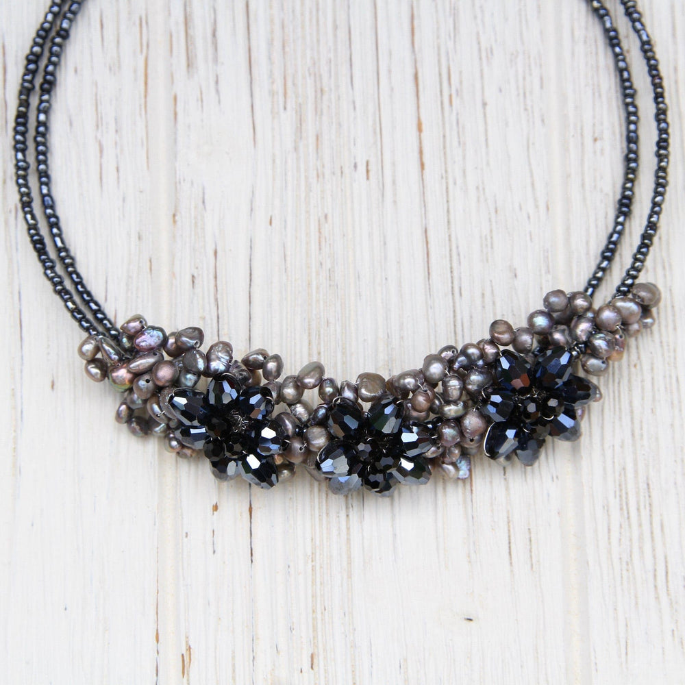 
                      
                        NKL 3 Flower Pearl & Crystal Choker ~ Grey Hematite
                      
                    